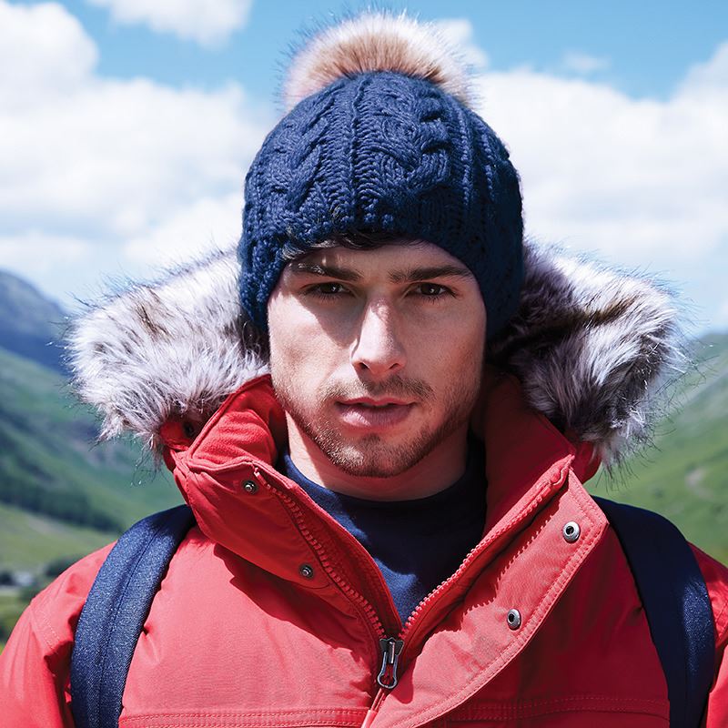 Fur pom pom cable beanie