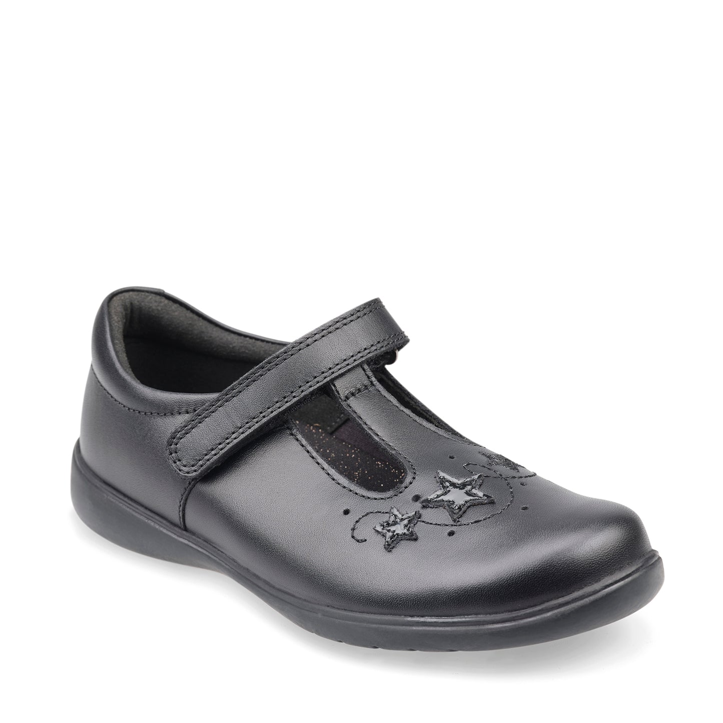 Star Jump - Black Leather Girls School Shoes