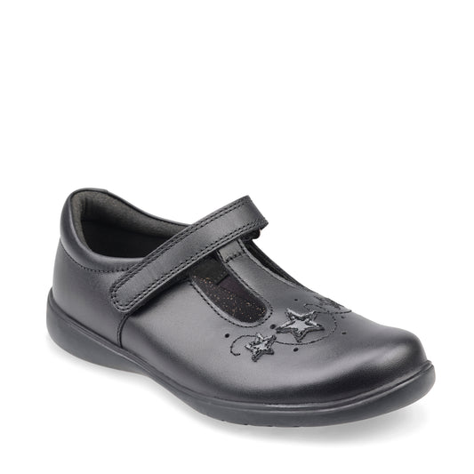 Star Jump - Black Leather Girls School Shoes