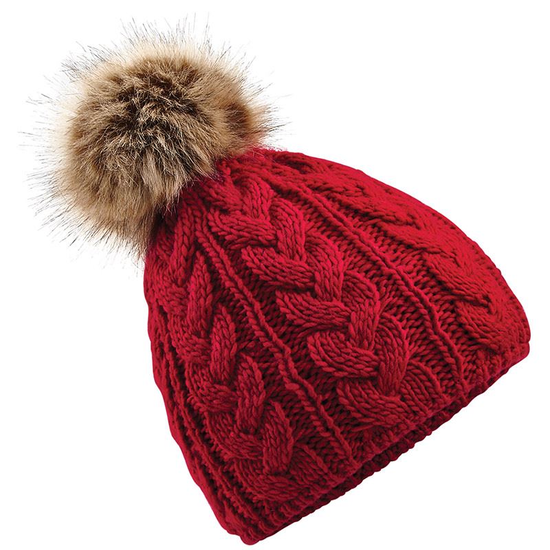 Fur pom pom cable beanie